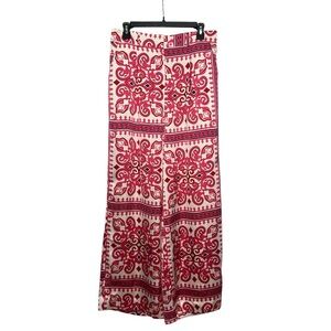 House Of Harlow 1960 Wide Leg Satin Pants Size Large Pink White Paisley Pleated